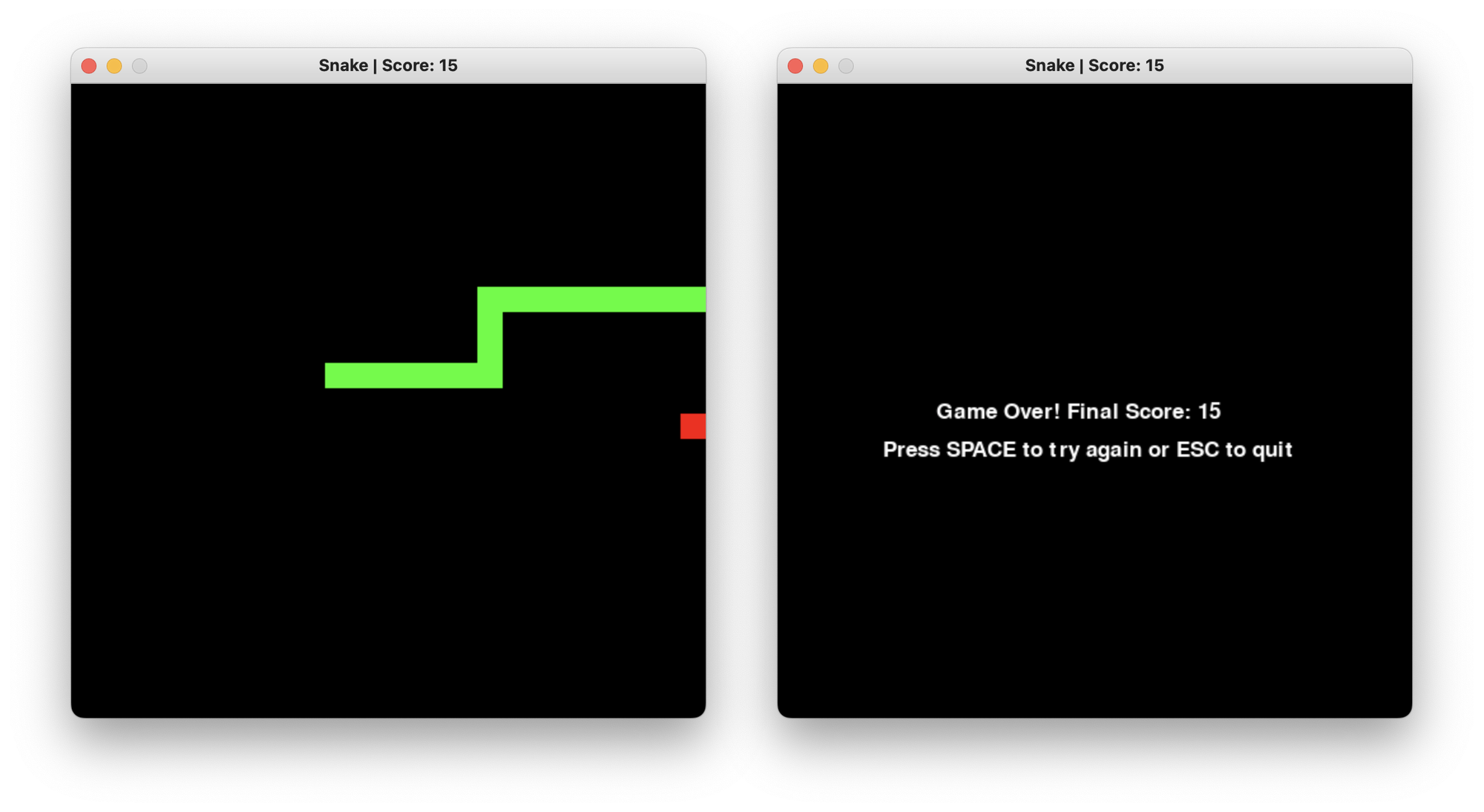 Screenshot of the Snake Game in action and the game-over screen.